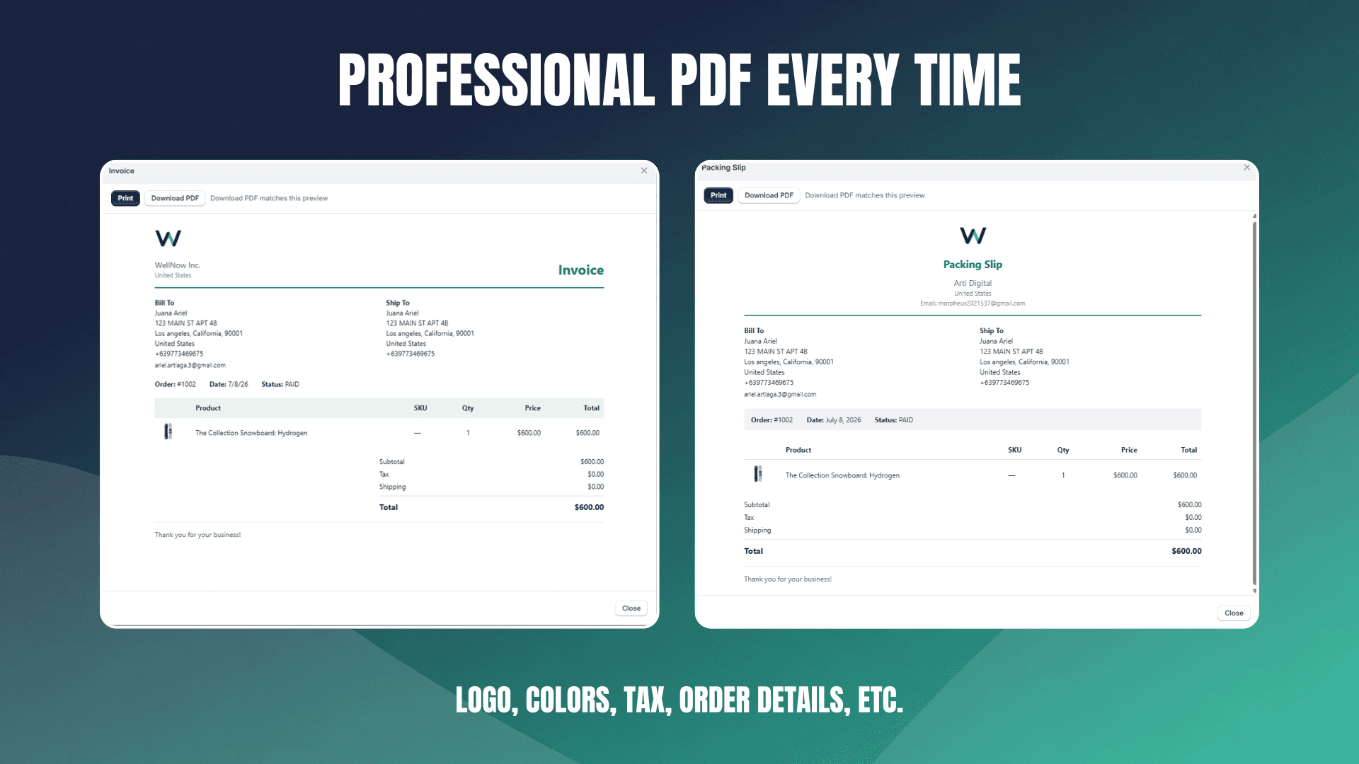 Branded invoice PDF ready to print or send